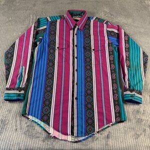 Vintage Plainsman Western Long Sleeve Shirt Bright Stripes Aztec Mens Medium